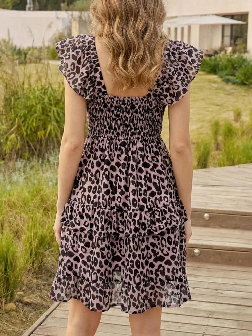Women's Summer Dress Boho Leopard Smocked Ruffle Sun Beach Mini Swing Dress - Picture 5 of 5